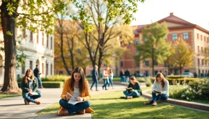 Students engaging in Polonya'da Üniversite Eğitimi on a lively university campus.