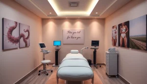 A tranquil treatment room showcasing fat reduction equipment, creating a welcoming atmosphere for clients.