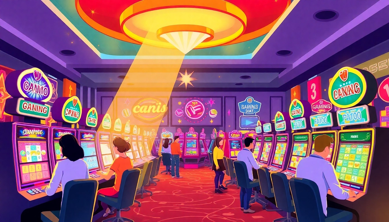 Experience the thrill of gaming with ok win at the neon-lit casino, showcasing lively players.