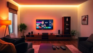 Engage with iptv suisse service on a sleek TV in a contemporary living room setup.