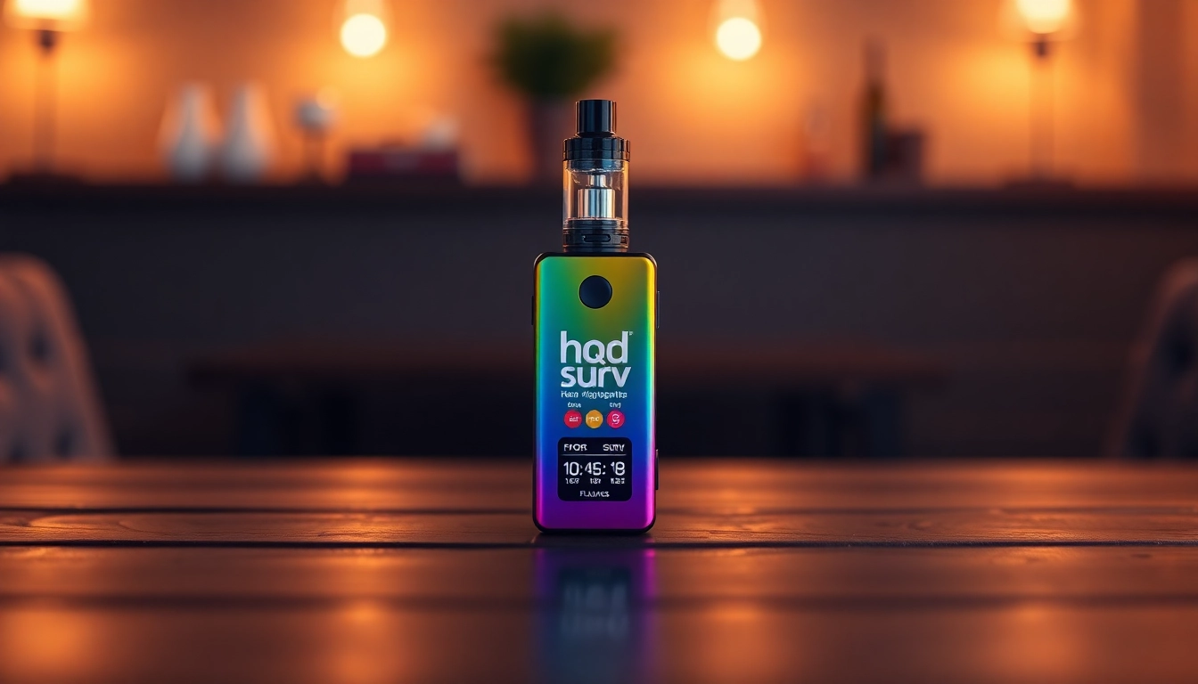 Buy HQD Surv kaufen, a premium vape device in various flavors, displayed aesthetically on a wooden surface.