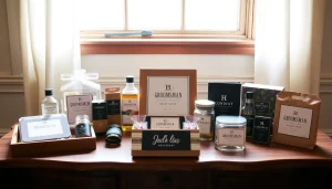 Showcase of cheap groomsmen gifts featuring personalized items on a rustic wooden table.