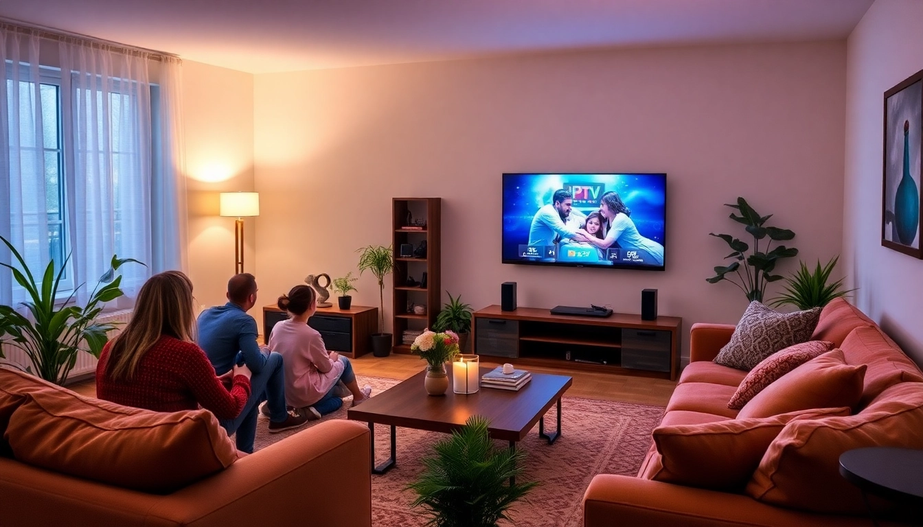 Experience IPTV Suisse in a cozy living room setting with a family engaging on a large screen.