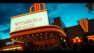 Check out Upcoming movie releases on a vibrant marquee outside a bustling theater.