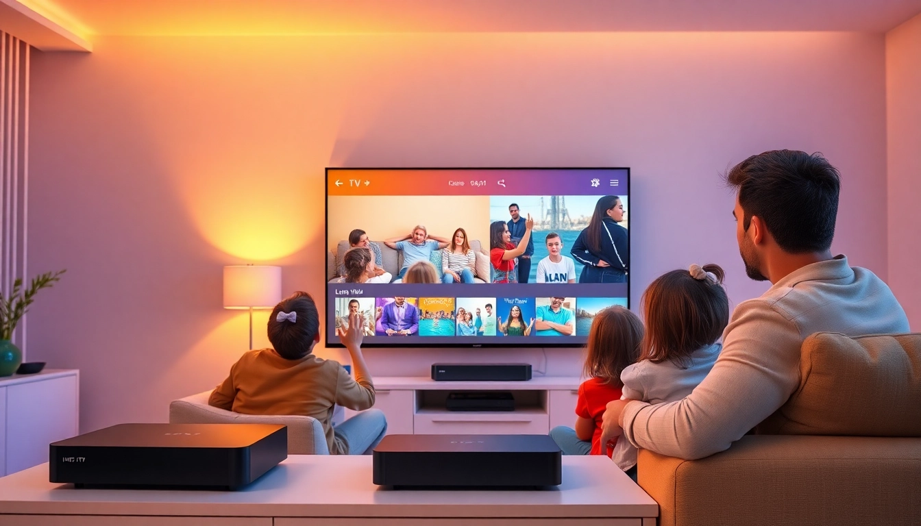 Enjoy diverse IPTV content with an abonnement iptv setup showcasing a family watching a smart TV.