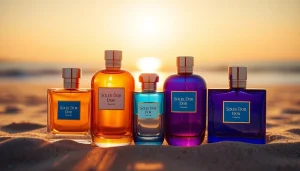 Soleil Dor fragrance bottles displayed elegantly against a golden beach backdrop, capturing luxury and warmth.