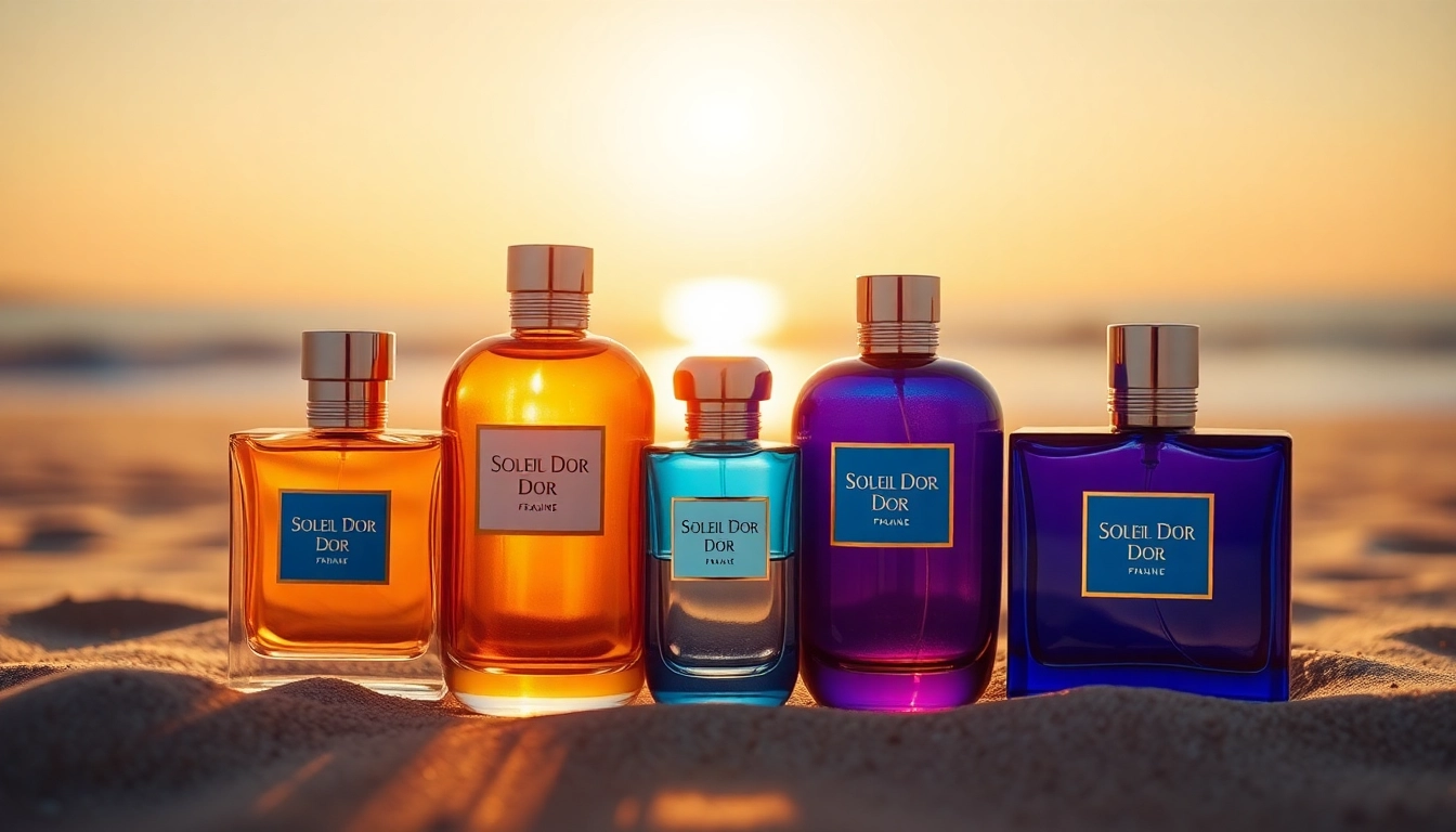 Soleil Dor fragrance bottles displayed elegantly against a golden beach backdrop, capturing luxury and warmth.