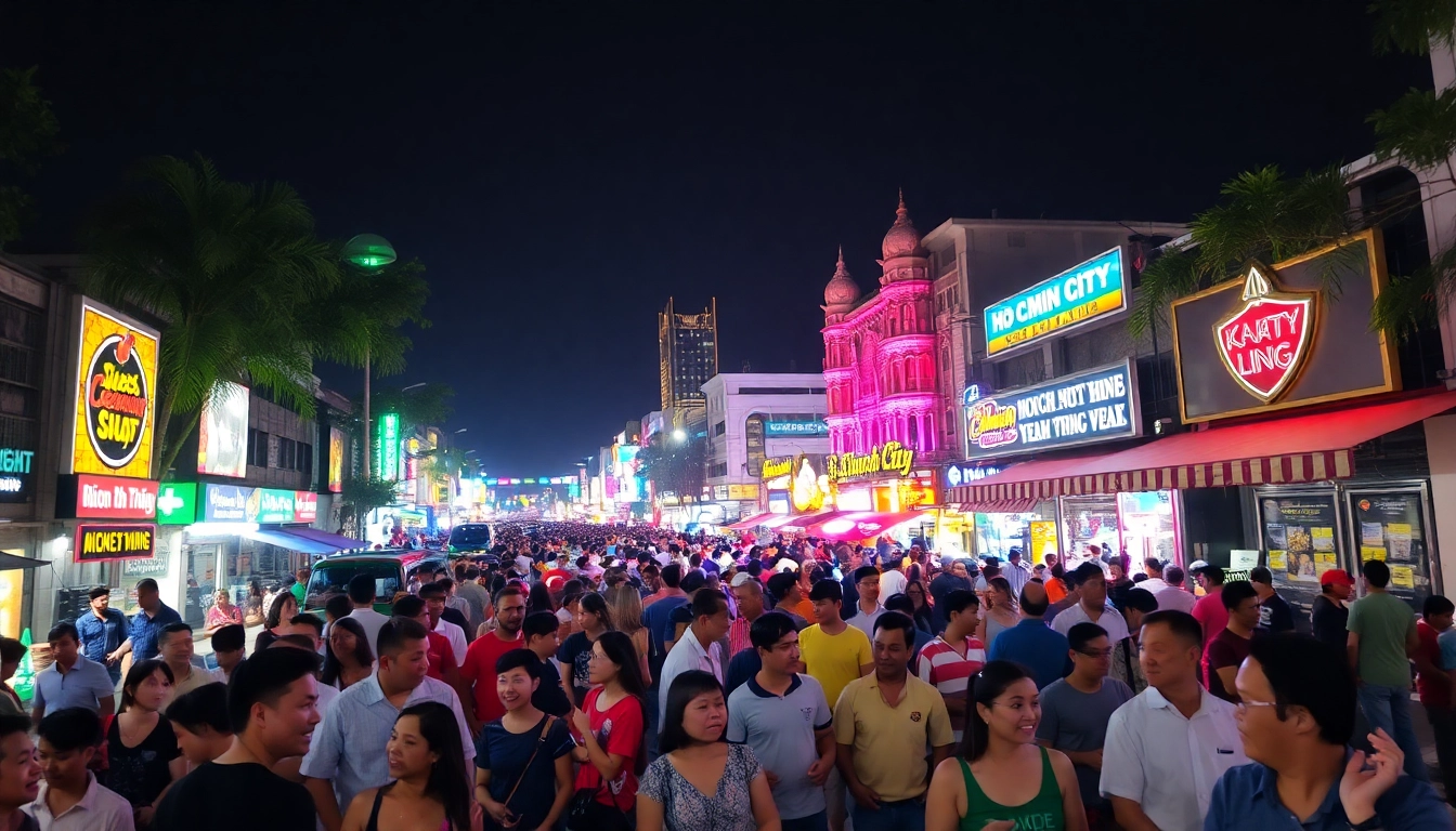 Experience the allure of 호치민 에코걸 후기 showcasing the vibrant nightlife of Ho Chi Minh City with colorful lights and lively crowds.