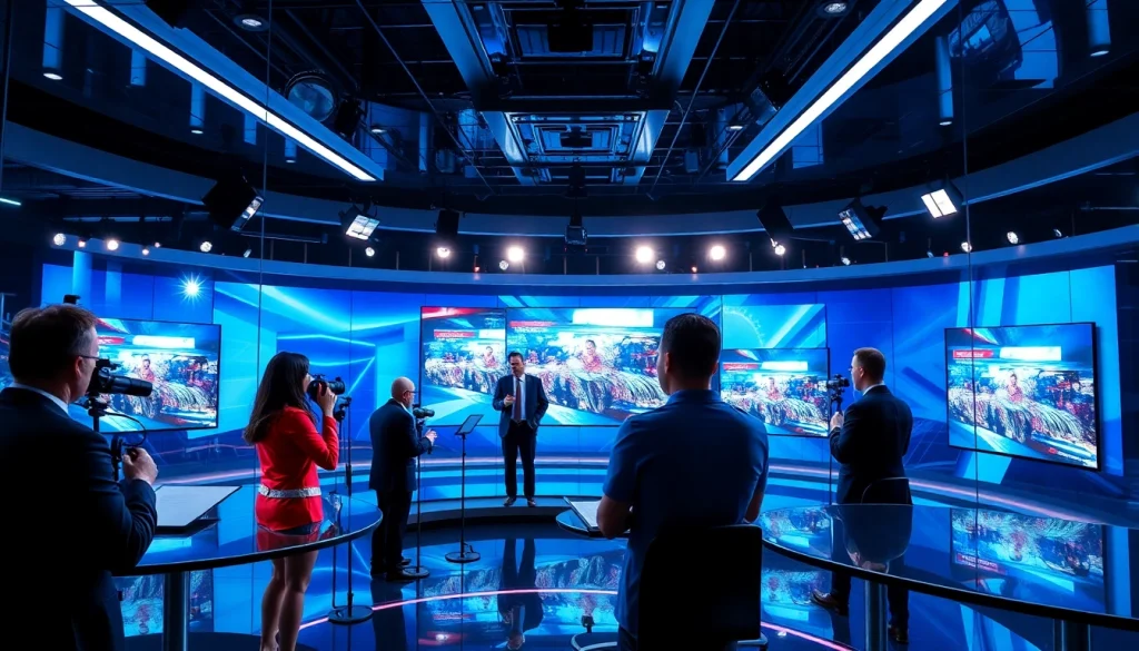 News journalists reporting live from a vibrant newsroom with multiple screens.