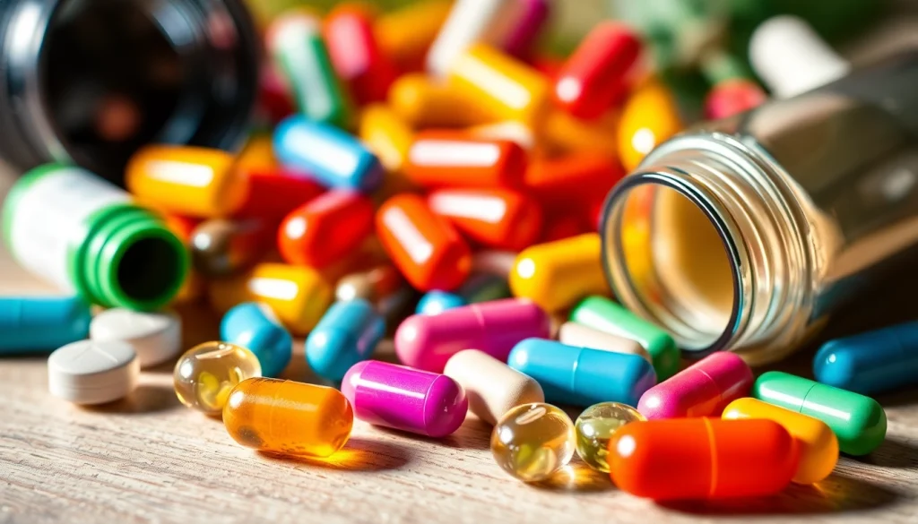 Showcasing a variety of dietary supplements in vibrant colors, promoting health and well-being.