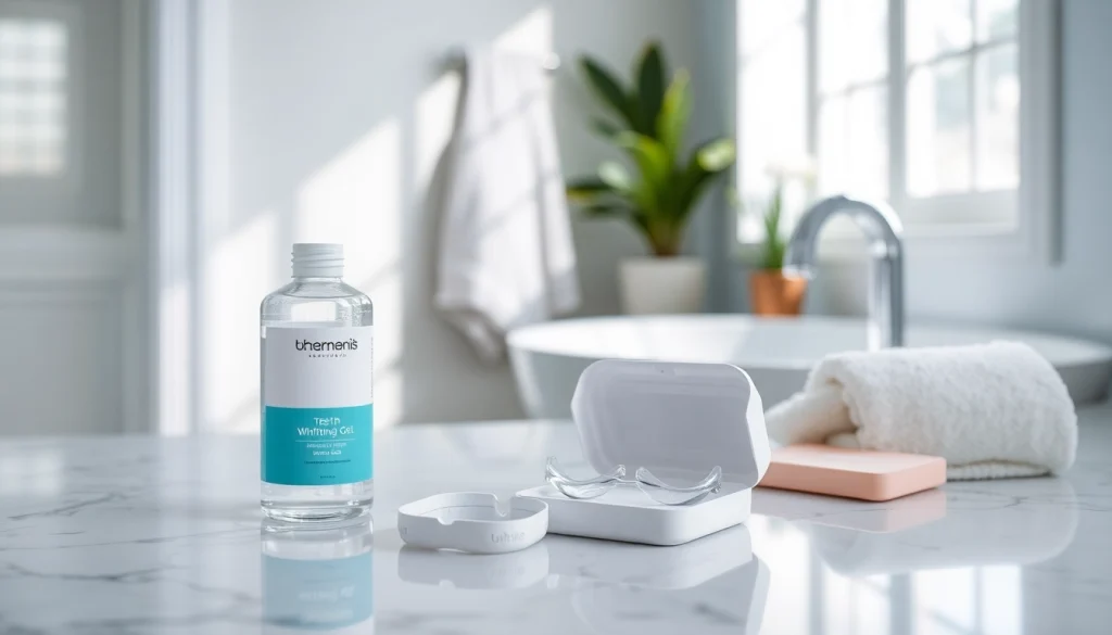 Bright white teeth whitening kit displayed on a marble countertop, emphasizing its clean and modern design.