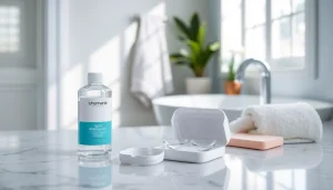 Bright white teeth whitening kit displayed on a marble countertop, emphasizing its clean and modern design.