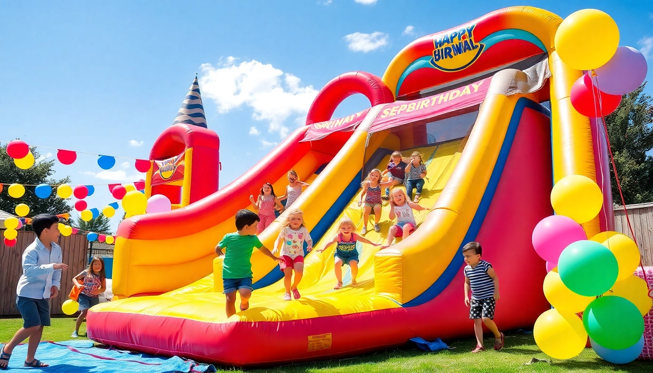 Children enjoy a fun slide rental at a colorful birthday party, creating lasting memories.