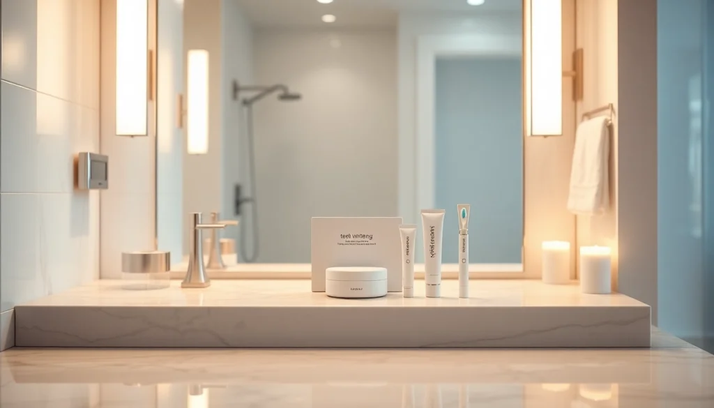 Showcase a teeth whitening kit on a marble countertop, highlighting bright dental care results for a fresh smile.