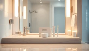 Showcase a teeth whitening kit on a marble countertop, highlighting bright dental care results for a fresh smile.