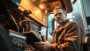 Technician performing mobile truck diagnostics and repair with advanced tools on-site.