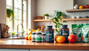 Showcasing dietary supplements in a bright kitchen with fresh fruits, promoting health and wellness.