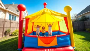 Children joyfully bouncing in a colorful Jump House at a lively backyard party.