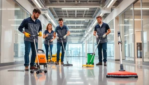 Jacksonville commercial cleaning team efficiently cleaning a modern office space with professional equipment.