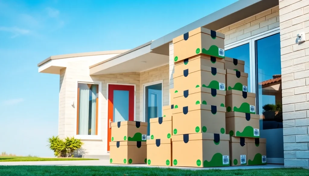 Borrow A Bin's eco-friendly moving boxes arranged beautifully outside a home, showcasing sustainability.