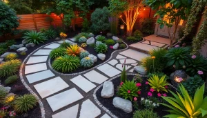 Engage in a stunning landscape design service that features vibrant plants and elegant pathways in a serene backyard.