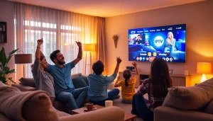 Experience the excitement of a free IPTV trial with a family enjoying live shows in their cozy living room.