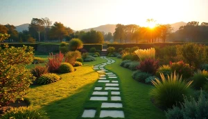 Showcase a vibrant landscape design service featuring beautifully manicured gardens and serene pathways.