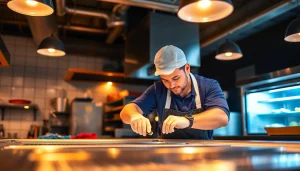 Technician performing prep table repair in a well-equipped restaurant kitchen.