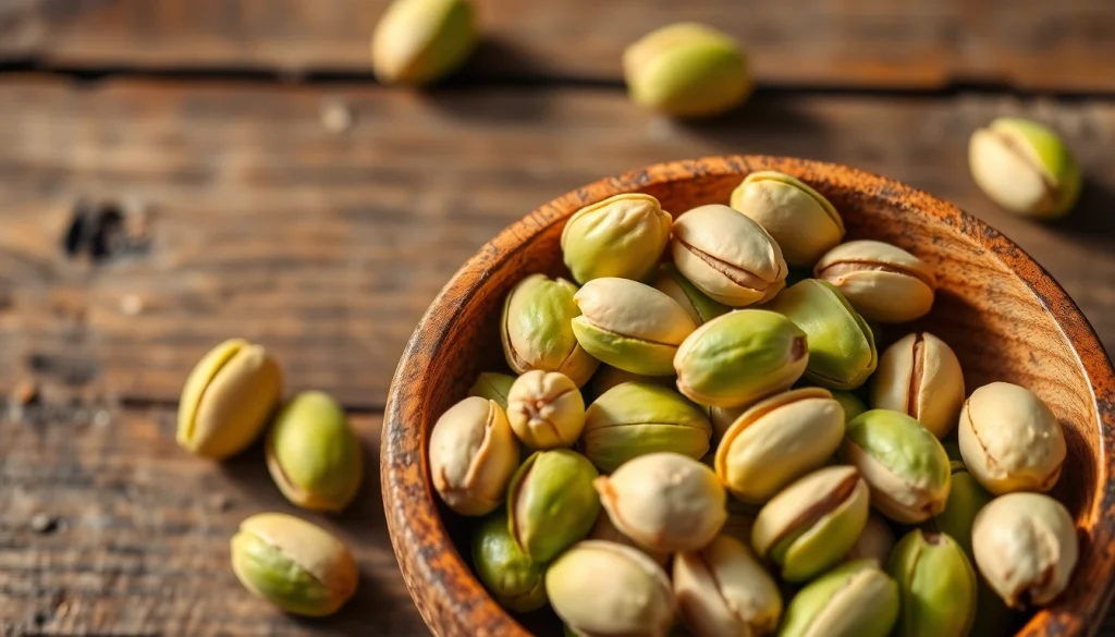 Showcase pistachio nuts nestled in a wooden bowl, highlighting their vibrant green color and texture.
