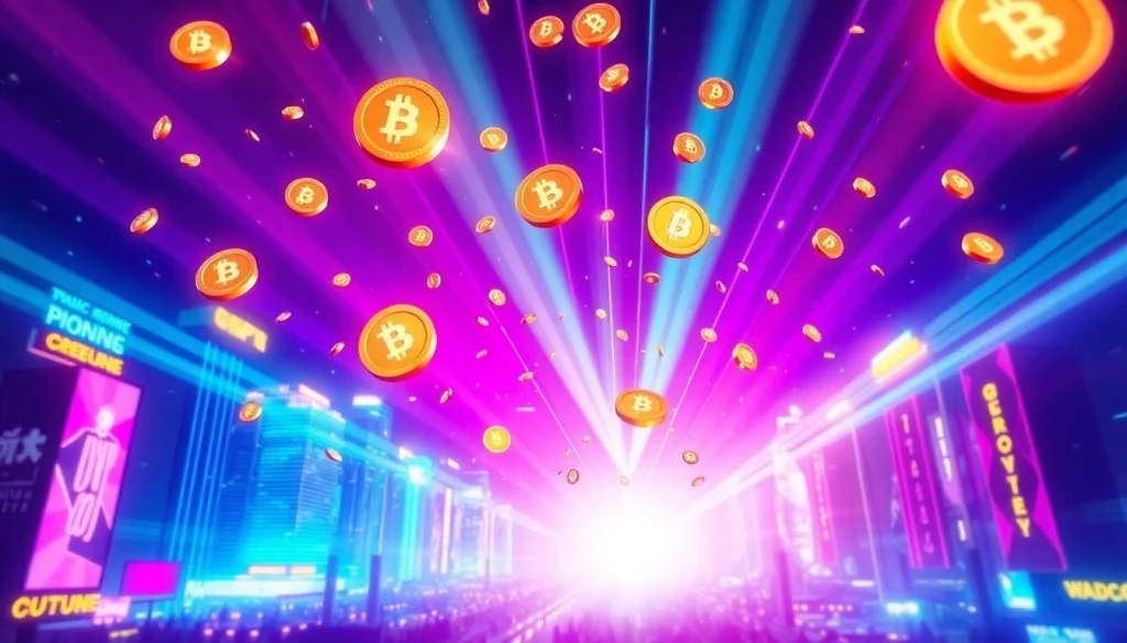 Join the Sidra Chain Air Drop with vibrant tokens in a futuristic city backdrop, emphasizing engagement.