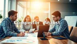 Conduct a competitor analysis with a business team examining charts in a modern office setting.