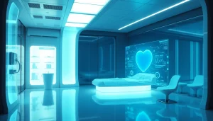 Visualize an innovative healthcare setting powered by informaticsview.com technology, showcasing dynamic health data displays.