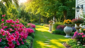 Showcase of a landscape design service creating vibrant outdoor spaces with colorful flowers and lush plants.