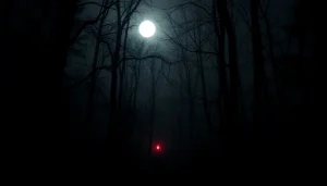 Indulge in the spine-chilling horror realm of hellhorror.com with shadows lurking in a dark forest.