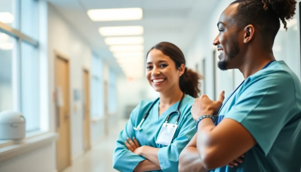 Engaging scene in personalgewinnung in der pflege, showcasing a healthcare professional recruiting a candidate in a hospital.