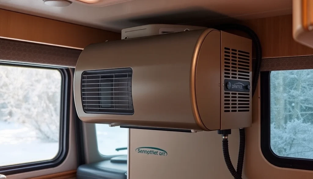 Efficient 12V diesel air heater warming an RV interior, demonstrating its compact design and cozy ambiance.