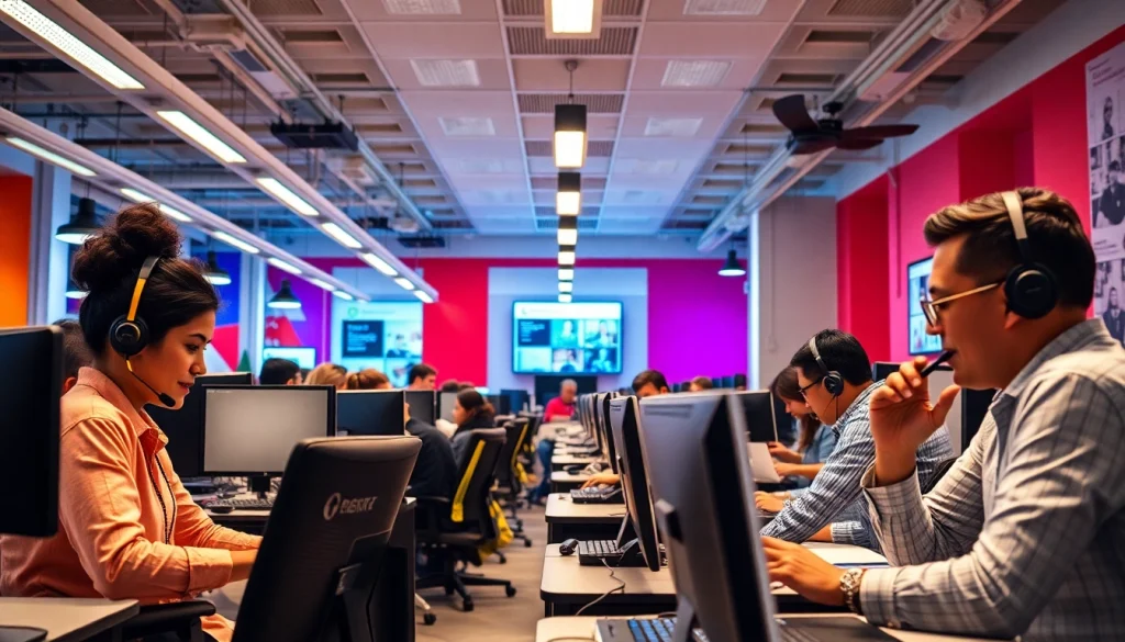 Engaged team of agents at a call center in Tijuana providing exceptional customer service in a modern setting.