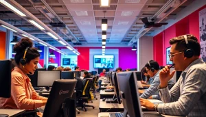Engaged team of agents at a call center in Tijuana providing exceptional customer service in a modern setting.