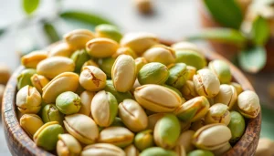 Snack on delicious pistachio nuts with vibrant green skins and a satisfying crunch.