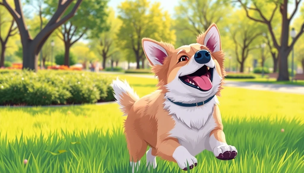 Kate's K9 Pet Care showcasing a joyful dog playing in the park with vibrant colors and a sunny backdrop.