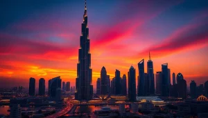 Capture the best of Dubai with a stunning sunset view over the skyline featuring Burj Khalifa and vibrant city life.