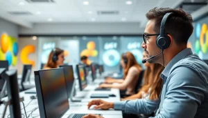 Agents actively working at a call center in Tijuana, demonstrating professionalism and teamwork.