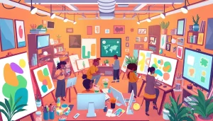 Creator artists collaborating in a colorful workshop filled with creative supplies.