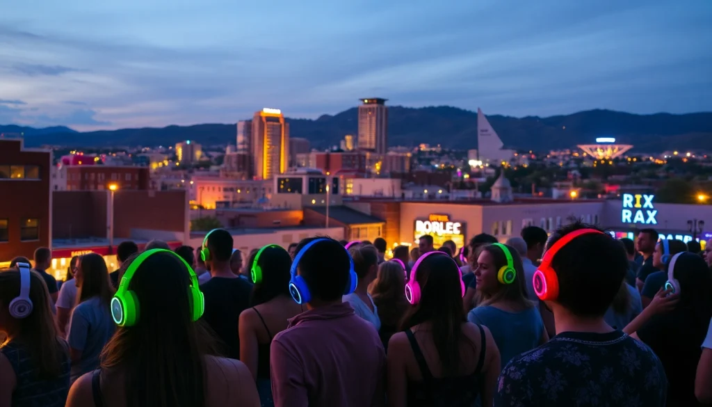 Participants dancing at a silent disco in Boulder, showcasing colorful headphones and a lively atmosphere.