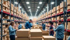 Efficient warehouse showcasing e-commerce fulfilment UK operations with staff actively picking and packing orders.