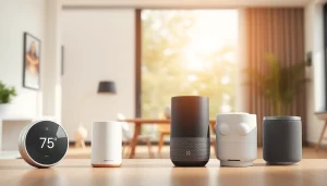 Showcase the best smart home gadgets such as smart speakers and security cameras in a modern home setting.