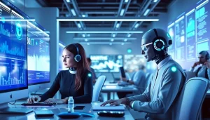 AI marketing agents optimizing marketing campaigns in a futuristic workspace with vibrant data displays.