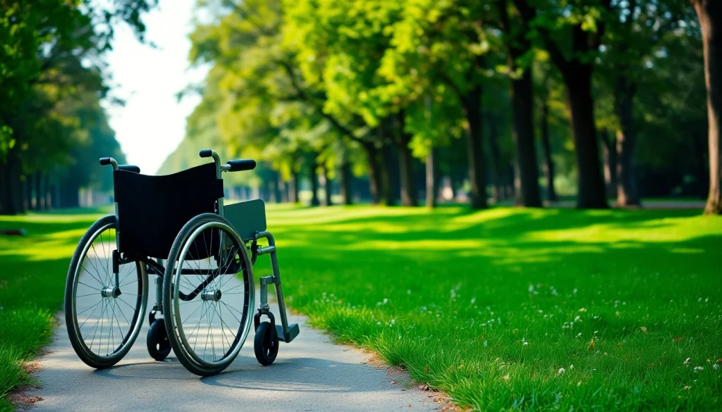 Manual wheelchair navigating a scenic park path, highlighting its design and usability.