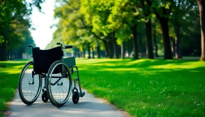 Manual wheelchair navigating a scenic park path, highlighting its design and usability.