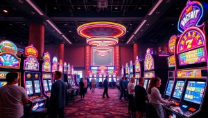 Slot demo mesin dengan pemain yang terlibat, menampilkan permainan kasino yang menarik.